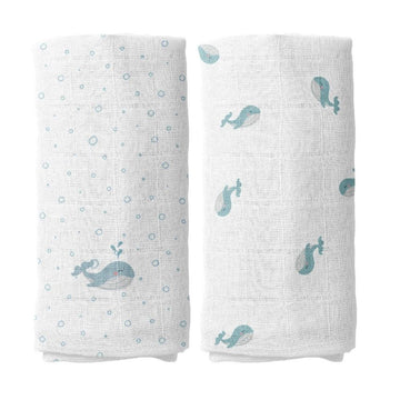 Aqua Embroidered 100% Cotton Muslin Blanket Set (90x90 cm 2-piece)