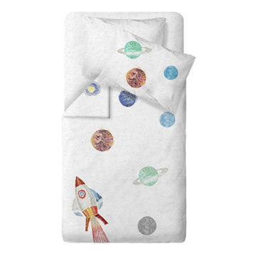 Space Planet White Cotton Satin Baby Bedding Set